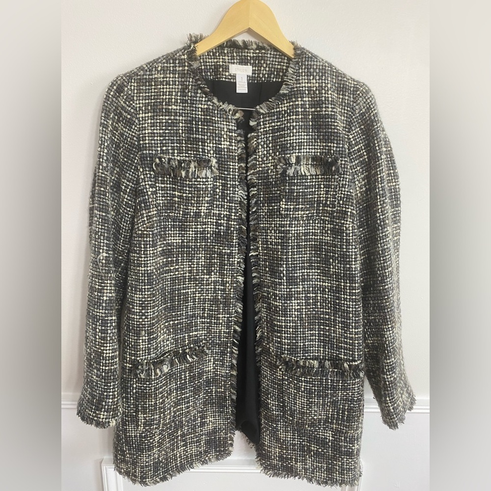 Chico’s Tweed Wool Blend Gray Cream Long Line Blazer Coat Size 1 Medium Career